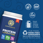 Sunwarrior protein and creatine powder container with vegan and recycled material certification logos