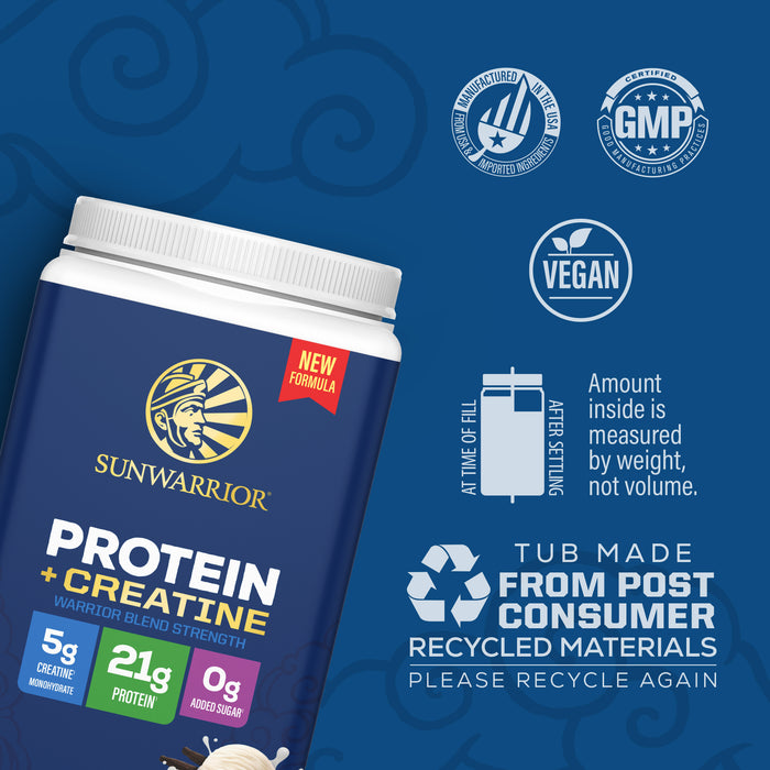 Sunwarrior protein and creatine powder container with vegan and recycled material certification logos