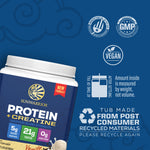 Container of Sunwarrior vegan protein powder with creatine and recycling, GMP, and quality icons on blue background