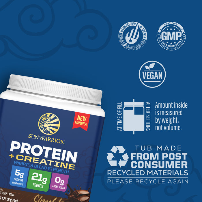 Blue Sunwarrior protein and creatine jar with certification icons and recycling information on background
