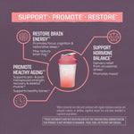 Shaker bottle with pink lid surrounded by benefits supporting brain energy, hormone balance, and healthy aging text.