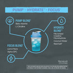 Graphic showing a blue shaker bottle with ice surrounded by three labeled sections: Pump Blend with Beta-Alanine and L-Citrulline, Hydrate Blend with Micronized Creatine Monohydrate, Coconut Water, and Real Salt, and Focus Blend with Lion's Mane and Alpha GPC.