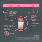Graphic showing a pink gradient shaker bottle in the center surrounded by three sections labeled Pump Blend with Beta-Alanine and L-Citrulline, Hydrate Blend with micronized creatine monohydrate, coconut water, and real salt, and Focus Blend with Lion’s Mane and Alpha GPC on a dark background.