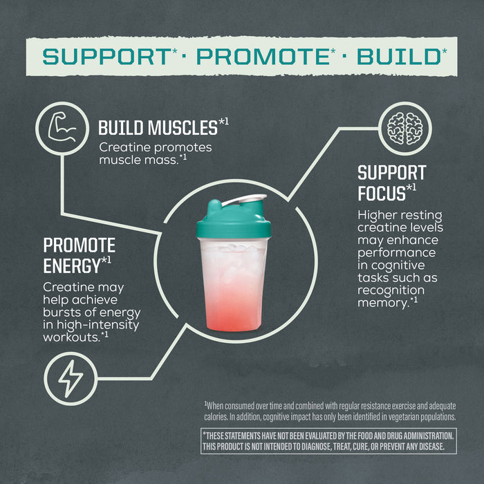 Shaker cup with creatine benefits illustrating muscle building, energy promotion, and focus support