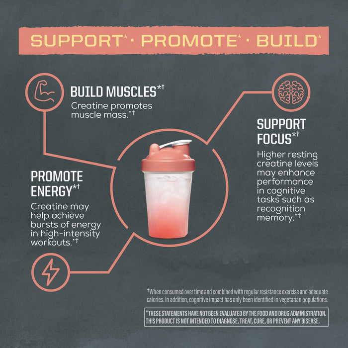 Graphic showing creatine benefits: build muscles, promote energy, and support focus with a protein shaker bottle.