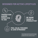 Graphic with text highlighting benefits for active lifestyles: easier transition from gym to job, feeling calm, focused, less stressed, and being more sharp and productive, with minimalist icons.