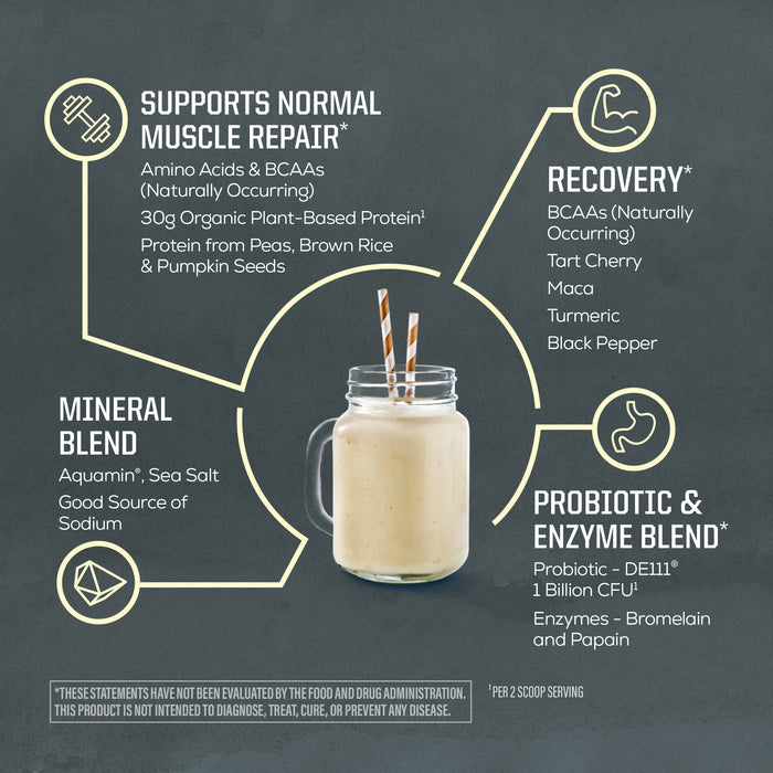 Infographic showing plant-based protein benefits with muscle repair, recovery, minerals, probiotics, and enzymes.