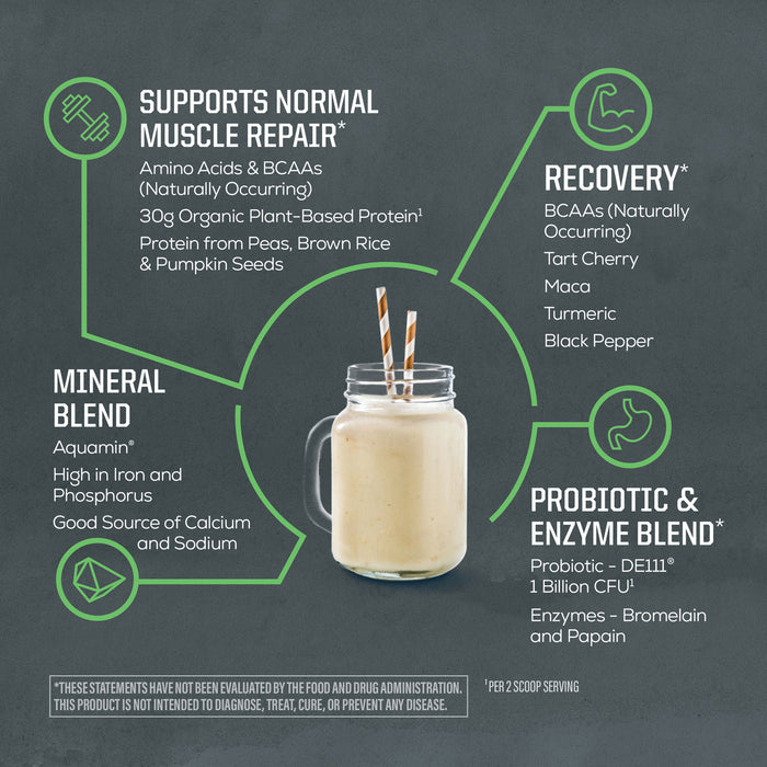 Glass jar of creamy shake with two striped straws surrounded by text describing plant-based protein benefits
