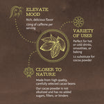 Sunwarrior Organic Cacao powder  product description with illustrations and text on a brown background