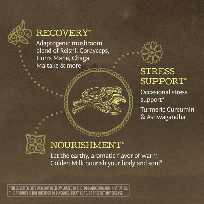Diagram showing adaptogenic mushroom blend for recovery, stress support with turmeric and ashwa, and nourishment from golden milk