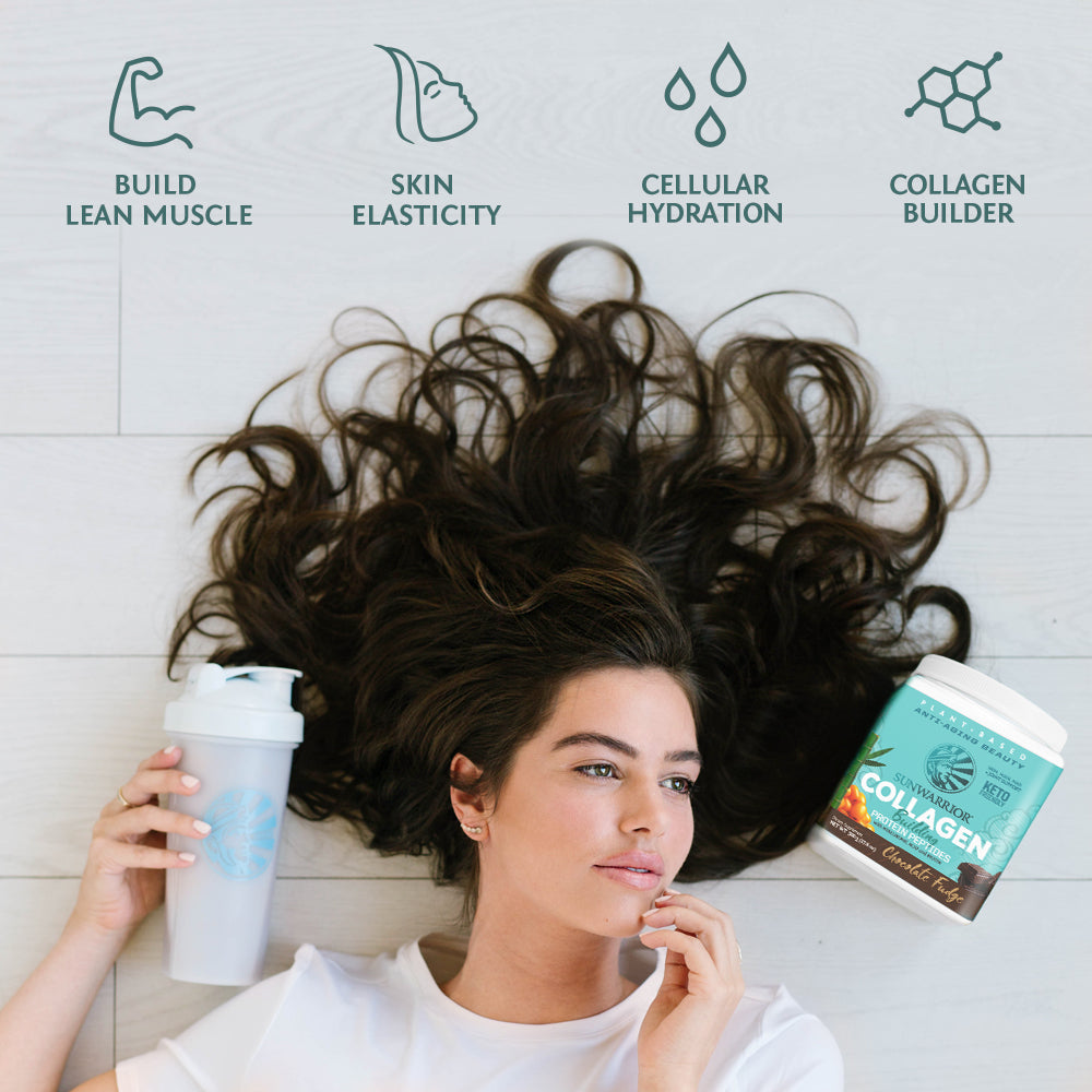 Woman lying down with curly hair spread out, holding a shaker next to collagen powder tub and benefit icons above.