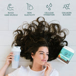 Woman lying down with curly hair spread out, holding a shaker next to collagen powder tub and benefit icons above.