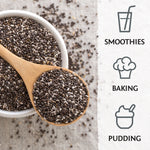 Wooden spoon and bowl filled with chia seeds next to icons for smoothies, baking, and pudding