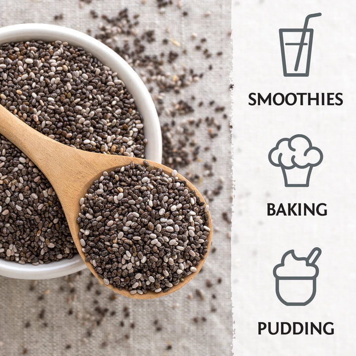 Wooden spoon and bowl filled with chia seeds next to icons for smoothies, baking, and pudding