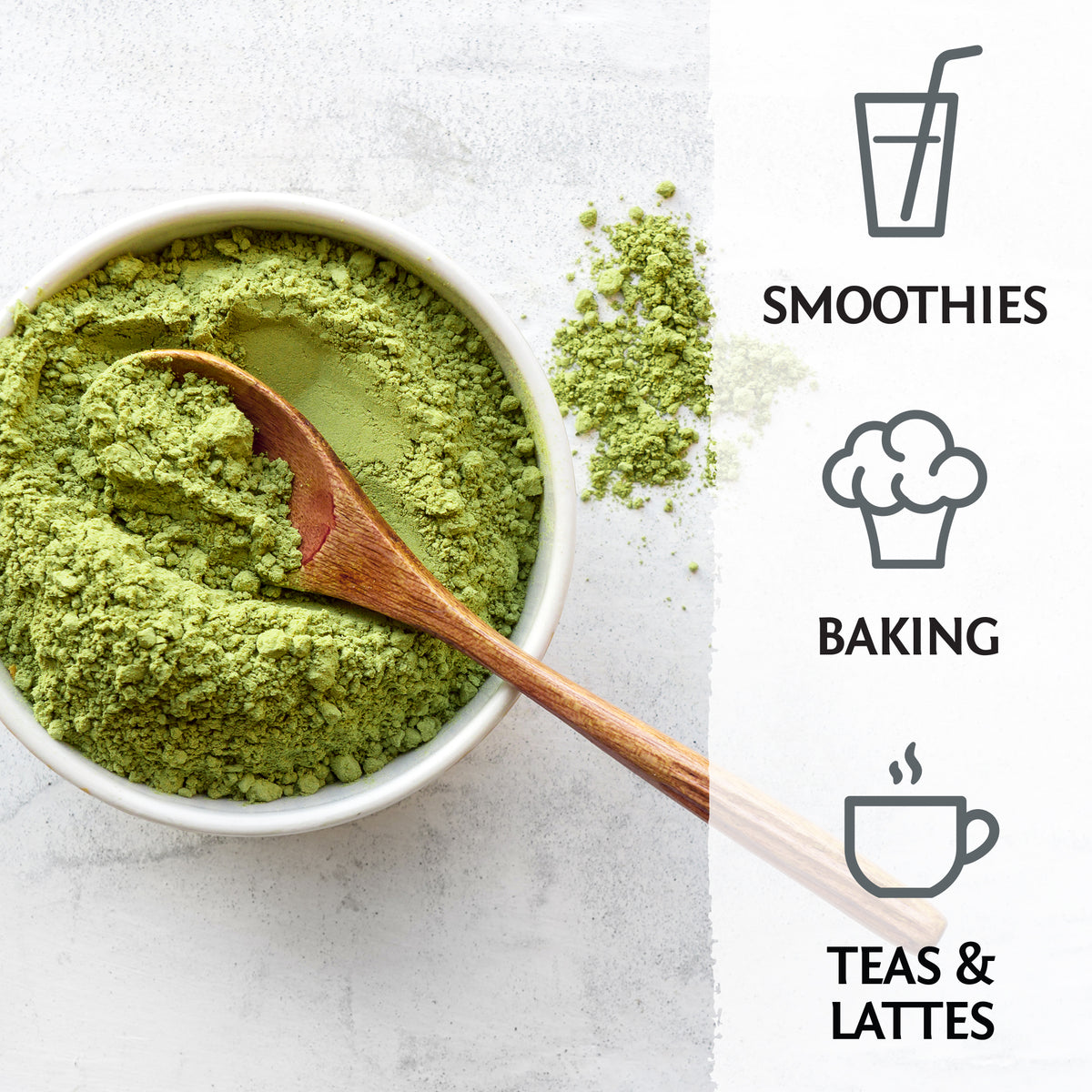 Bowl of green matcha powder with wooden spoon and icons for smoothies, baking, teas, and lattes.