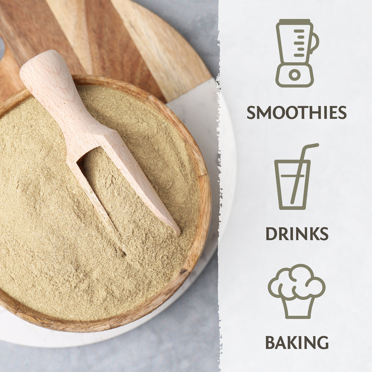 Wooden bowl filled with light brown powder and scoop beside icons for smoothies drinks and baking