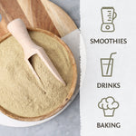 Wooden bowl filled with light brown powder and scoop beside icons for smoothies drinks and baking