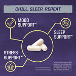 Three white capsules surrounded by icons highlighting mood, sleep, and stress support on purple background