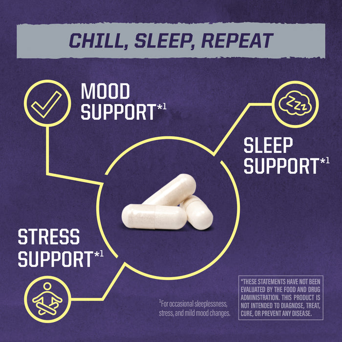 Three white capsules surrounded by icons highlighting mood, sleep, and stress support on purple background