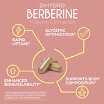 Three dihydro berberine capsules with text highlighting glycemic optimization, rapid uptake, bioavailability, and body composition benefits.
