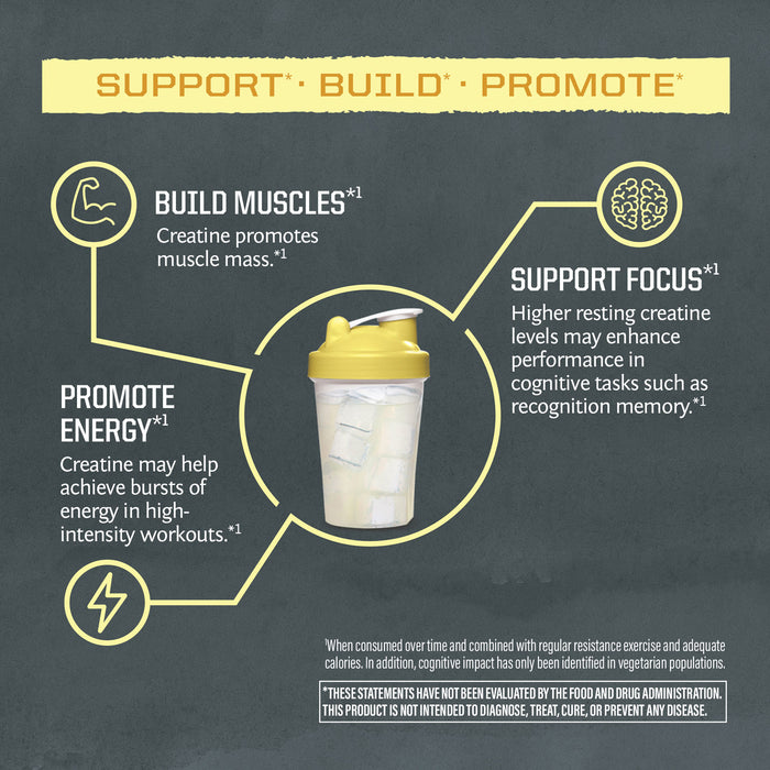 Diagram showing a yellow shaker bottle in the center with text around it highlighting creatine benefits: building muscles, promoting energy, and supporting focus, with related icons on a dark background.
