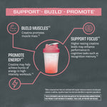 Pink and white shaker bottle surrounded by creatine benefits icons and text on gray background