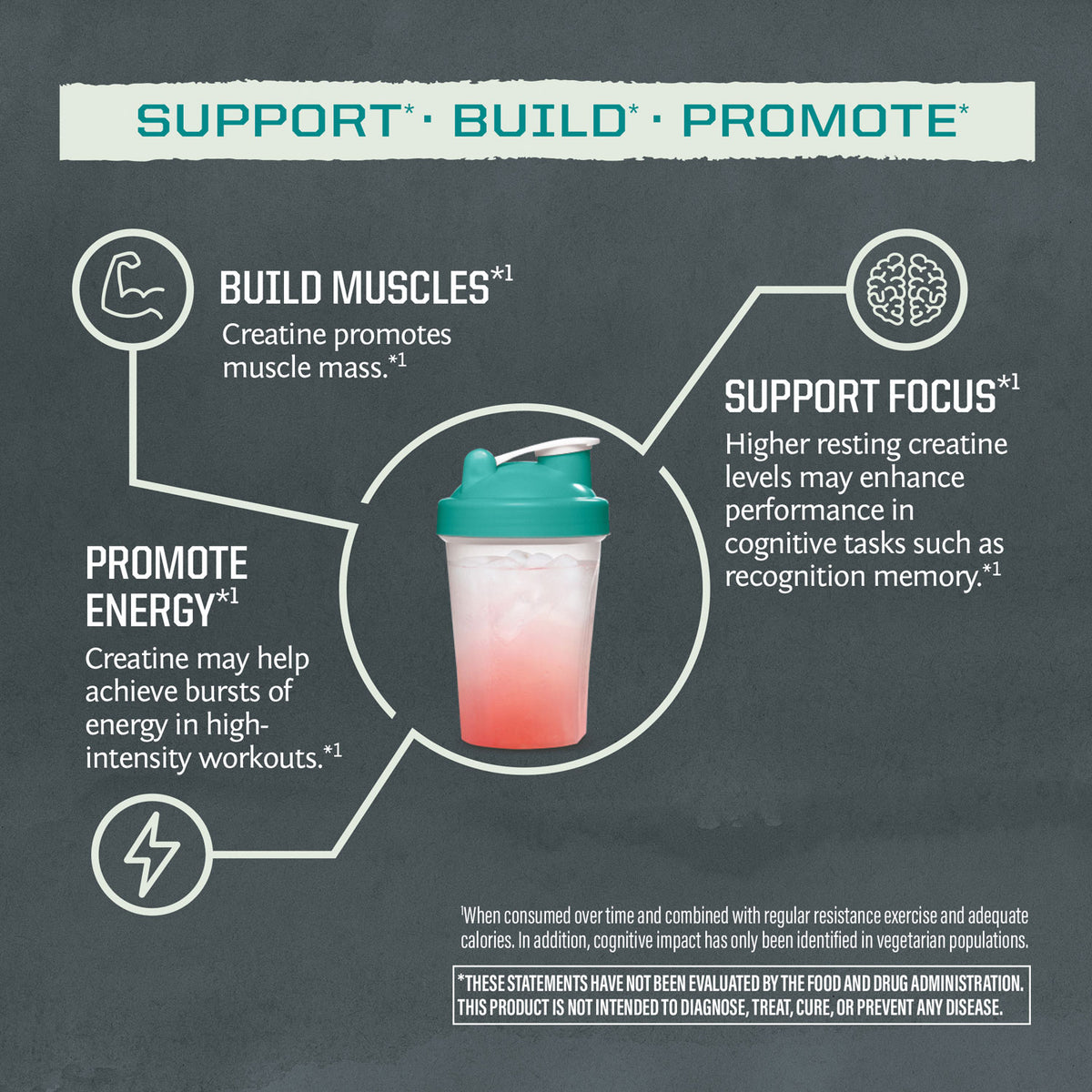 Fitness shaker bottle with creatine benefits for muscles, energy, and cognitive focus.