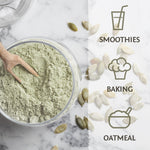 Bowl of green powder with wooden scoop and pumpkin seeds alongside smoothie, baking, oatmeal icons.