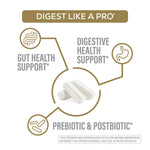 Three white capsules surrounded by icons and text highlighting gut health, digestive support, and prebiotic and postbiotic benefits.