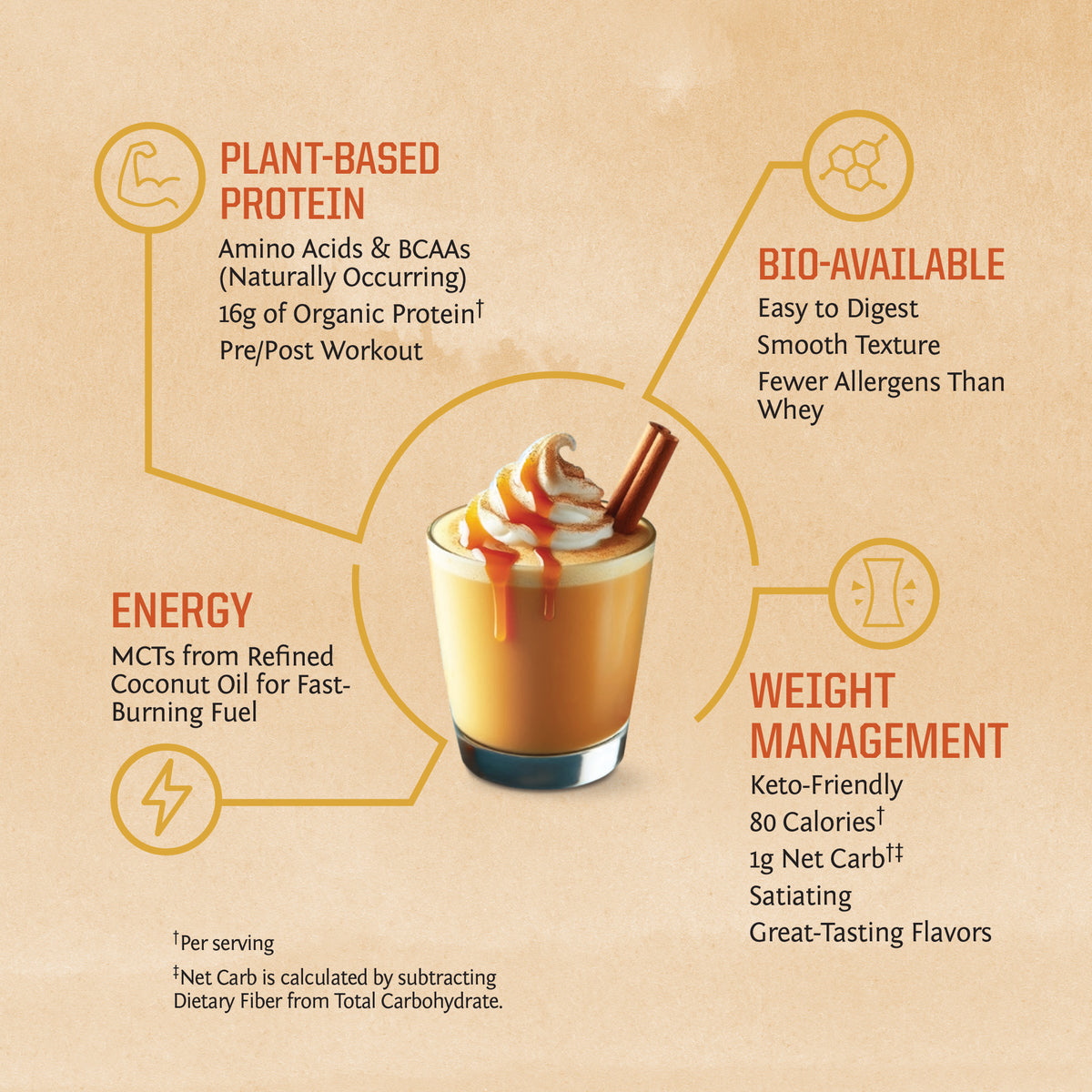 Glass of creamy pumpkin spice drink with caramel drizzle and cinnamon stick surrounded by protein and health benefits text