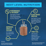 Chocolate vegan protein shake in jar with straws and infographic about plant-based protein benefits
