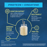Mason jar with creamy vanilla shake and text highlighting protein, creatine benefits, and keto-friendly fuel details.