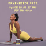 Woman in yellow activewear doing yoga pose next to container labeled creatine with wellness claims above