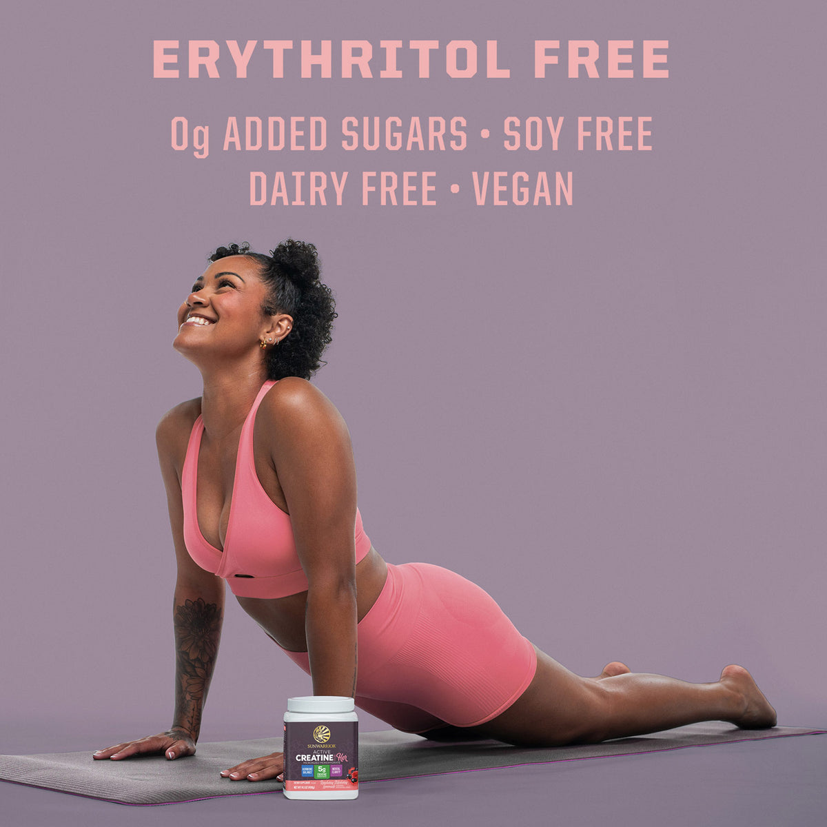 Woman in pink workout clothes doing yoga on mat beside a container with text about dietary benefits above her.