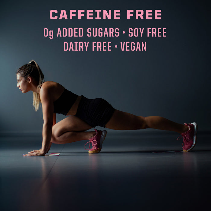 Woman in athletic wear performing a stretching exercise on the floor with text highlighting caffeine free, 0g added sugars, soy free, dairy free, and vegan attributes.
