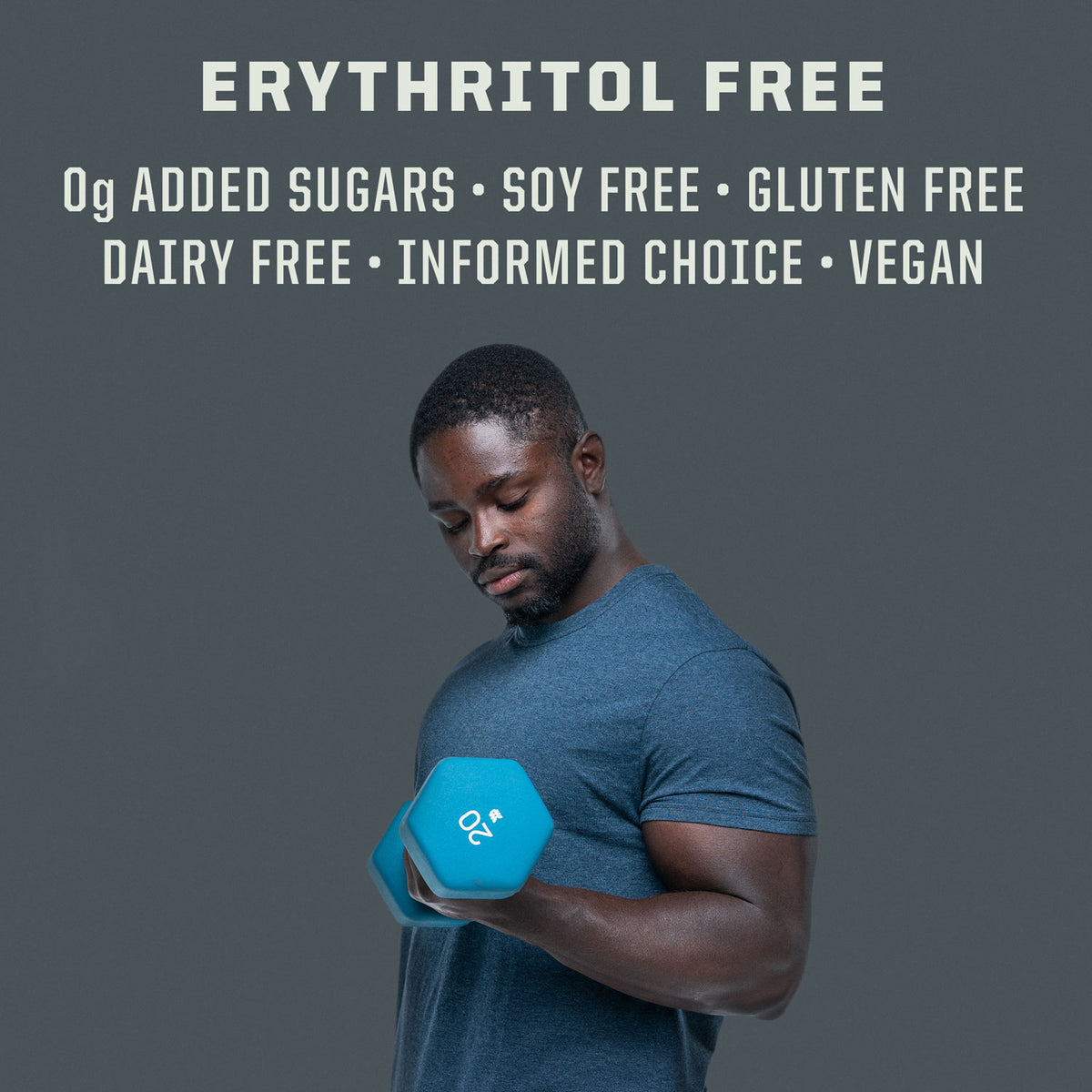 Man in blue shirt lifting a 20-pound blue dumbbell with health benefit text above him