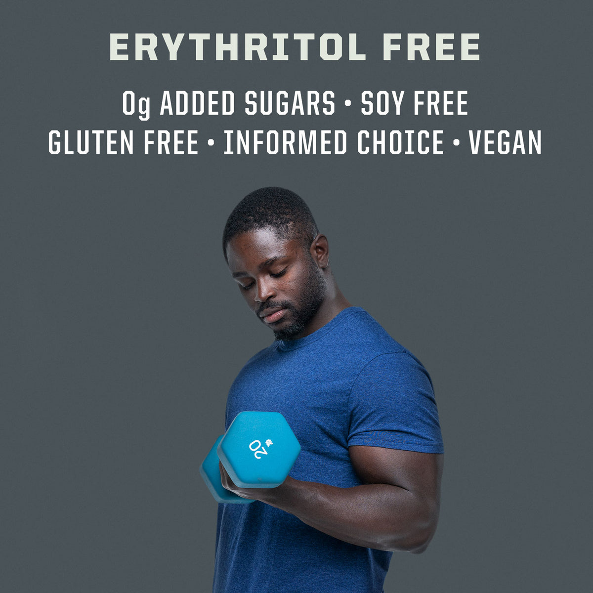Man in blue shirt lifting a blue dumbbell with text highlighting allergen-free and vegan claims above him