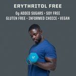 Man in blue shirt lifting a blue dumbbell with text highlighting allergen-free and vegan claims above him