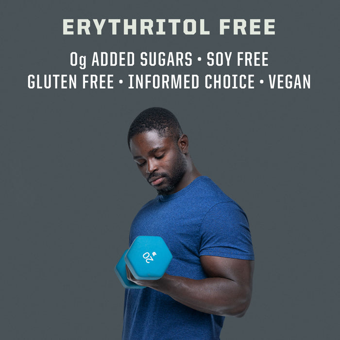Man in blue shirt lifting a blue dumbbell with text highlighting allergen-free and vegan claims above him