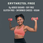 Fit woman smiling and holding pink dumbbells with text highlighting free-from dietary features above her.