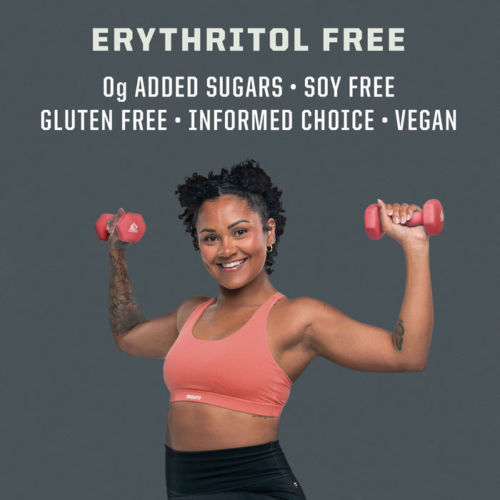 Fit woman smiling and holding pink dumbbells with text highlighting free-from dietary features above her.