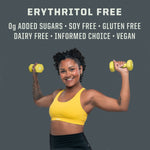 Woman in yellow sports bra holding yellow dumbbells with text about free-from dietary attributes above her