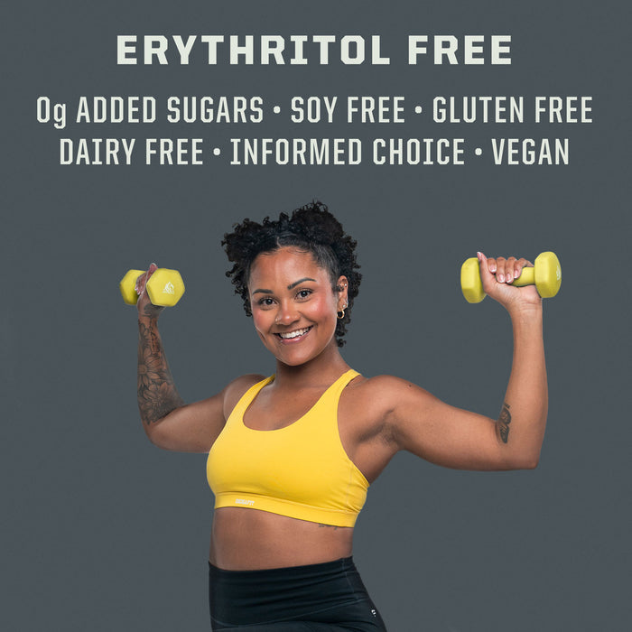 Woman in yellow sports bra holding yellow dumbbells with text about free-from dietary attributes above her