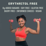 Smiling woman in red sports bra lifting pink dumbbells with dietary benefits listed above her head