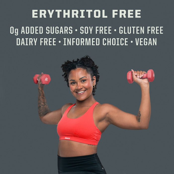 Smiling woman in red sports bra lifting pink dumbbells with dietary benefits listed above her head