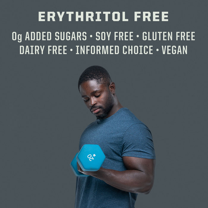 Athletic man lifting blue dumbbell with text highlighting vegan, gluten-free, soy-free, and dairy-free attributes