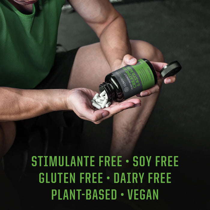 Person in green athletic wear pouring white capsules from a black bottle labeled with green text into their palm, with overlay text highlighting stimulant free, soy free, gluten free, dairy free, plant-based, and vegan attributes.