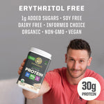 Man holding Sunwarrior Active Protein container with text listing product dietary benefits above him.