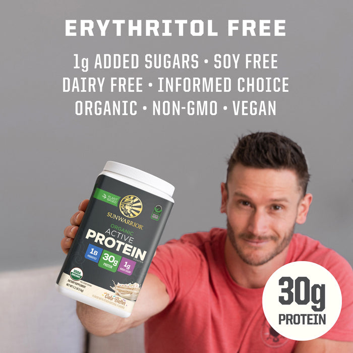 Man holding Sunwarrior Active Protein container with text listing product dietary benefits above him.