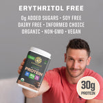 Man in red shirt holding a container of plant-based vegan protein powder with nutrition claims above